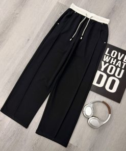 Premium Contrast Waist Wide-Leg Casual Drawstring White & Black Pant