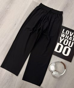 Premium Relaxed Straight-Leg Linen Blend Drawstring Black Pant