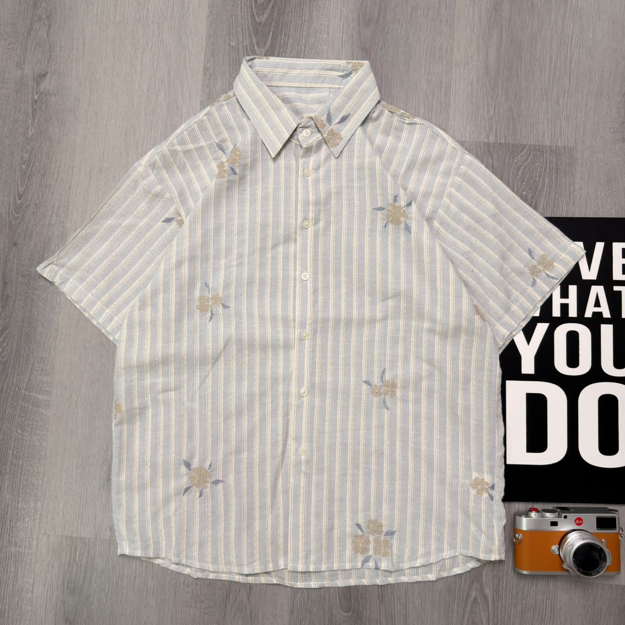 Meadow Stripe Floral Sky Blue & Ivory Half Shirt - Image 3