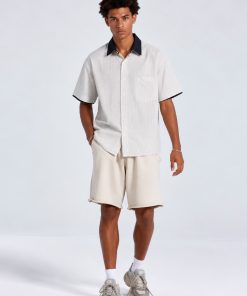 Ivory Noir Collar Stripe Half Shirt