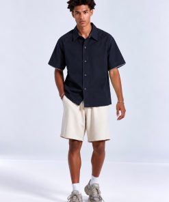 Premium Dark Navy Check-Cuff Half Shirt