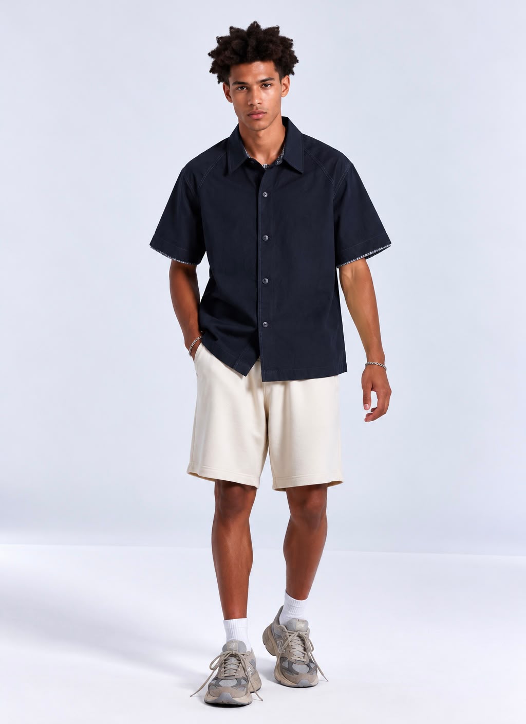 Premium Dark Navy Check-Cuff Half Shirt