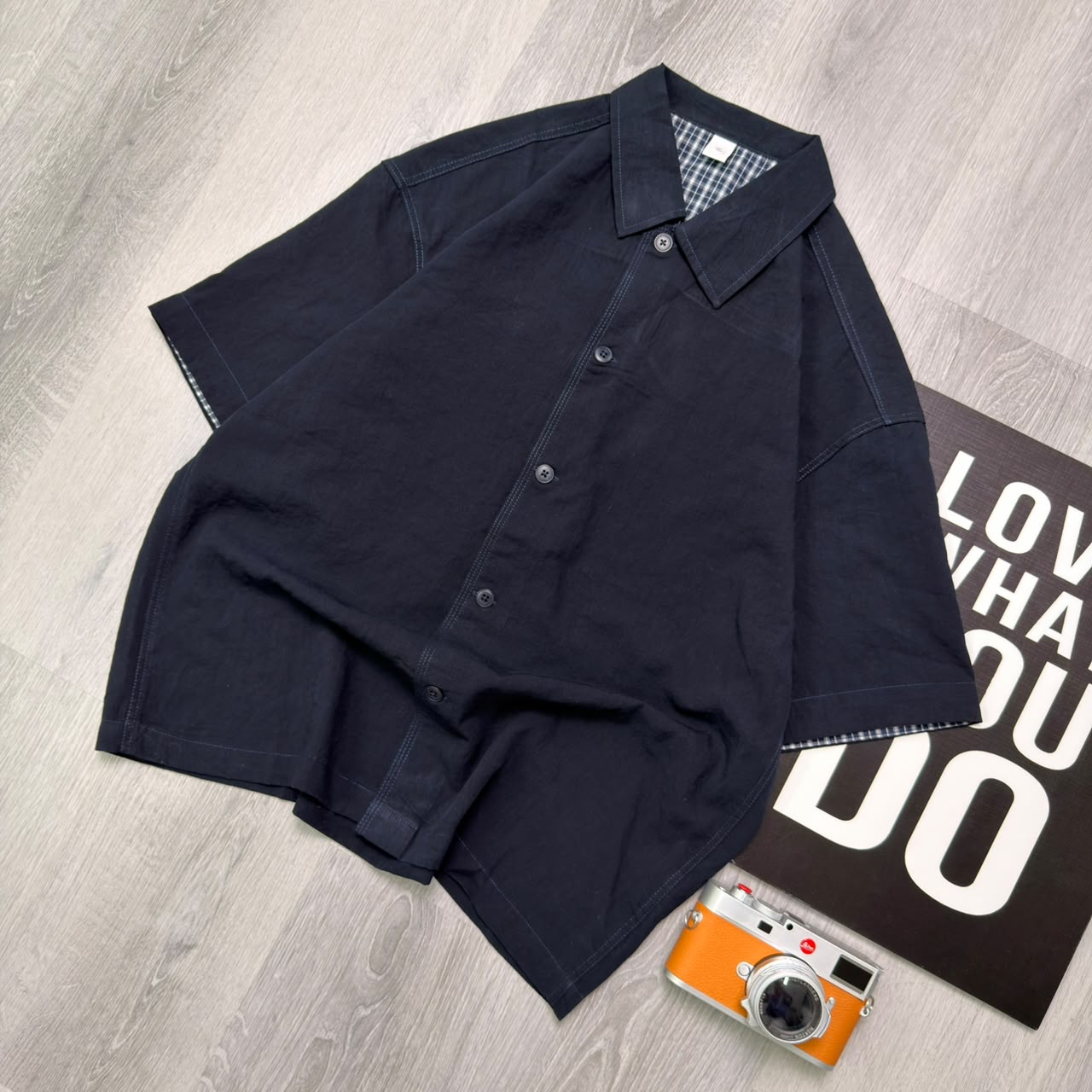 Premium Dark Navy Check-Cuff Half Shirt - Image 4