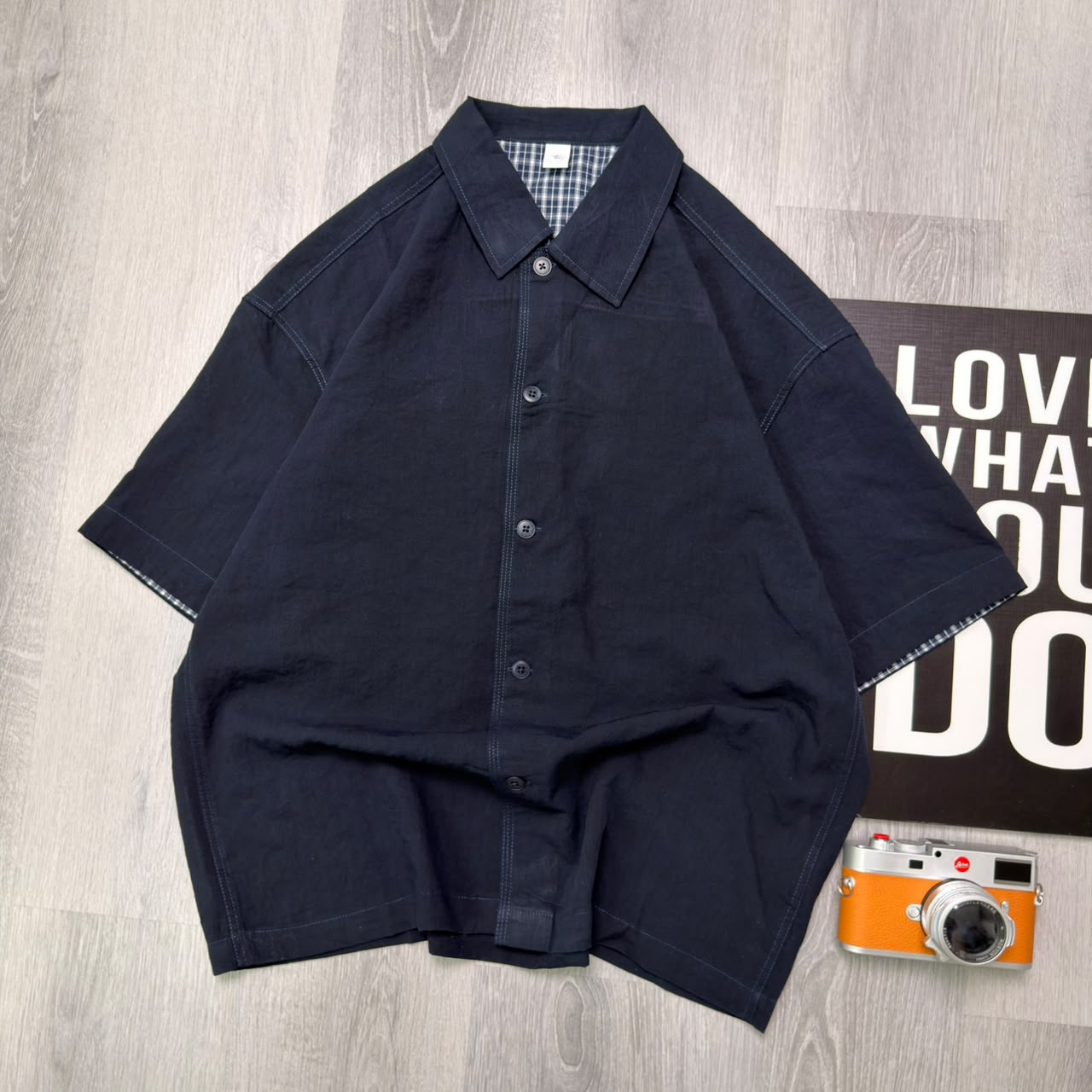 Premium Dark Navy Check-Cuff Half Shirt - Image 5