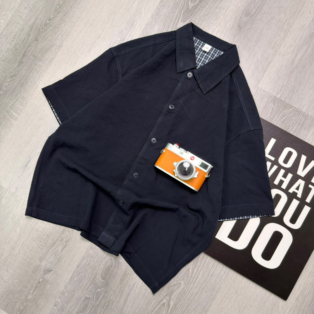 Premium Dark Navy Check-Cuff Half Shirt - Image 2
