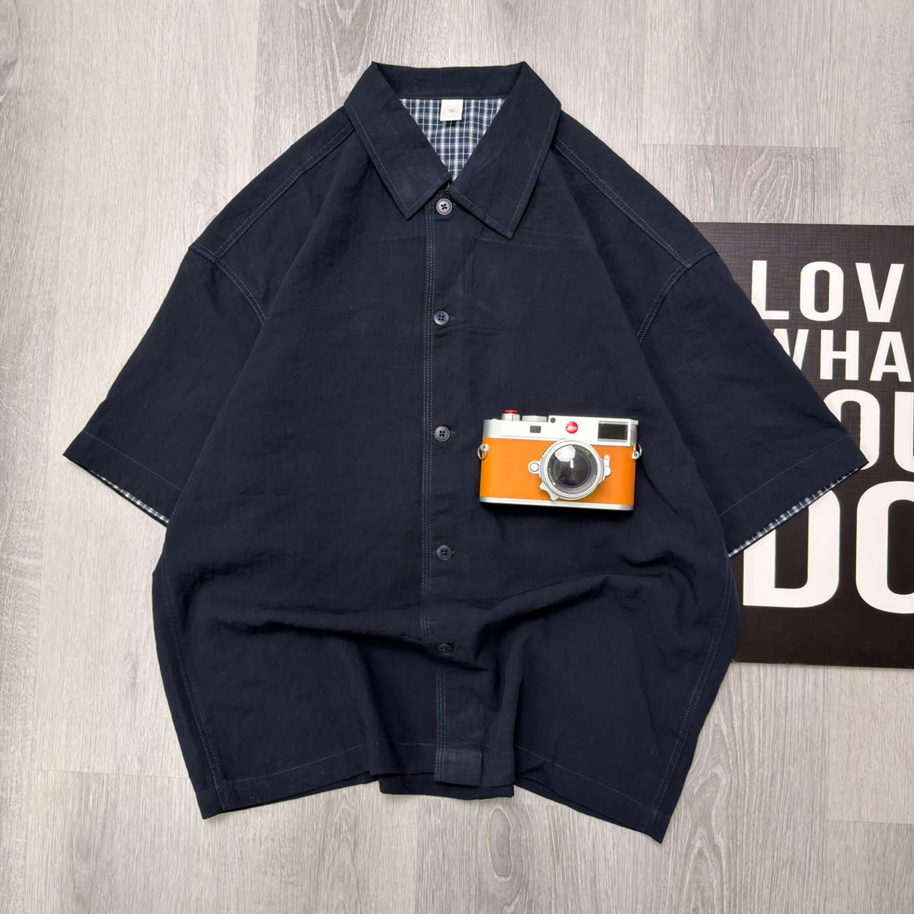 Premium Dark Navy Check-Cuff Half Shirt - Image 3