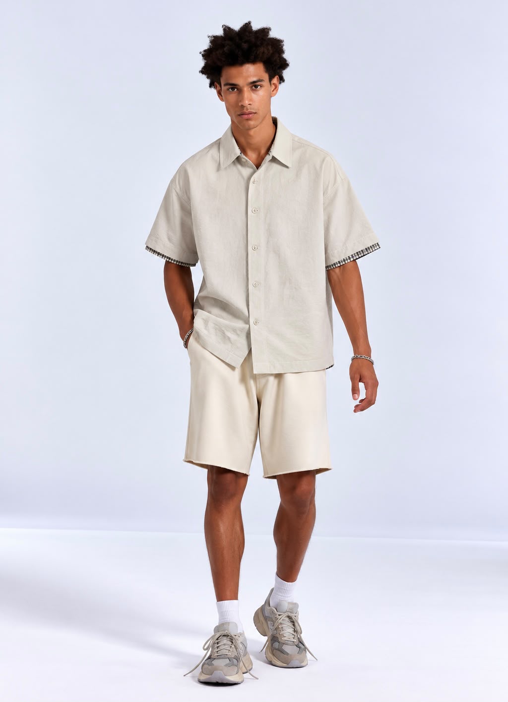 Premium Soft Ivory Check-Cuff Half Shirt