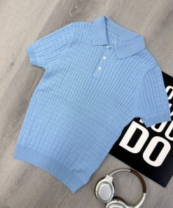Sky Blue Cable Knit Polo Shirt