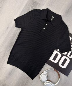Black Cable Knit Polo Shirt