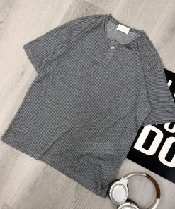 Dark Grey Fine Stripe Henley T-Shirt